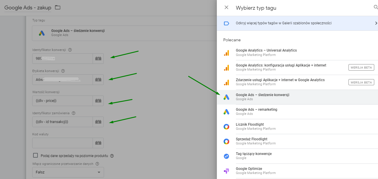 nowy tag – Google Ads – śledzenie konwersji