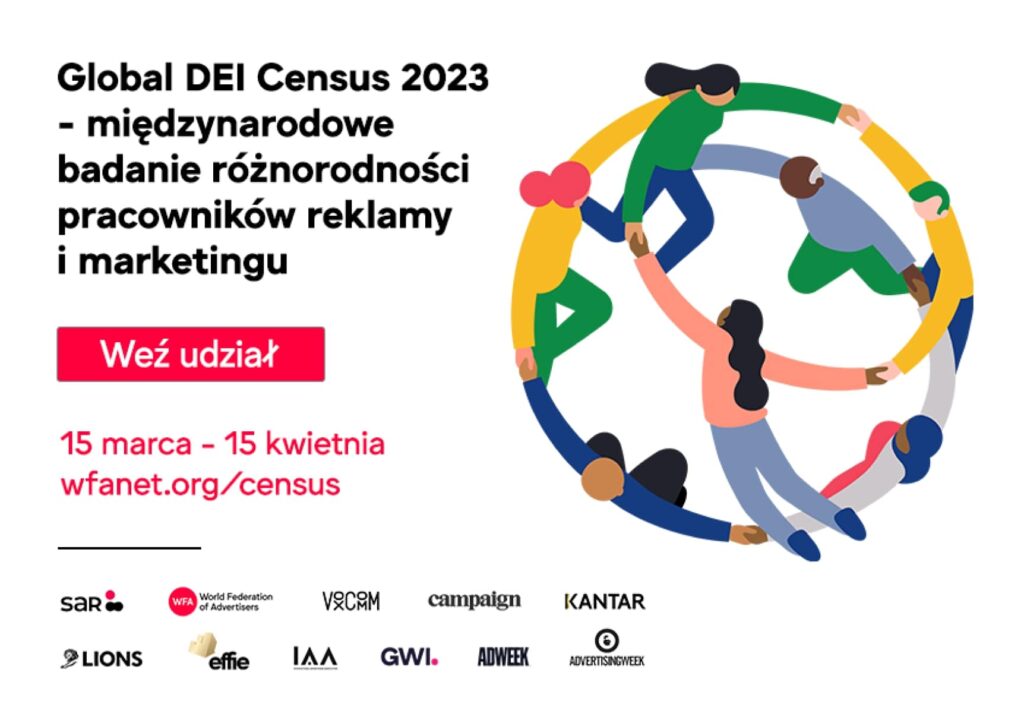 Grafika informująca o międzynarodowym badaniu pracowników reklamy i marketingu Global DEI Census 2023