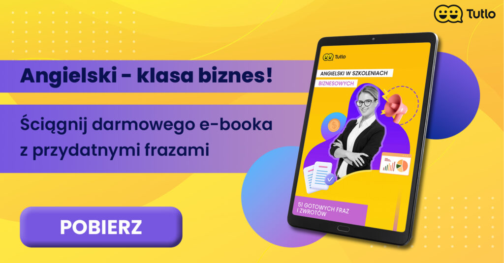 Żółto-fioletowy banner Tutlo prezentujący e-booka z przydatnymi frazami w języku angielskim.