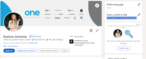 profil na LinkedInie Eweliny Jezierskiej - fragment