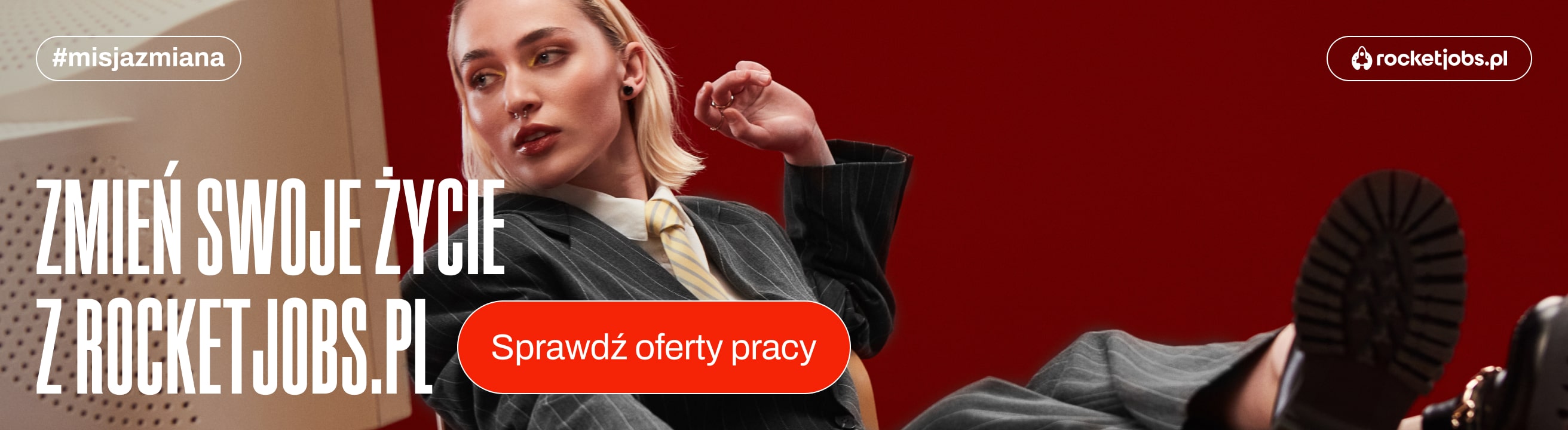 Banner kampanii #MisjaZmiana z napisem Zmień swoje życie z RocketJobs.pl